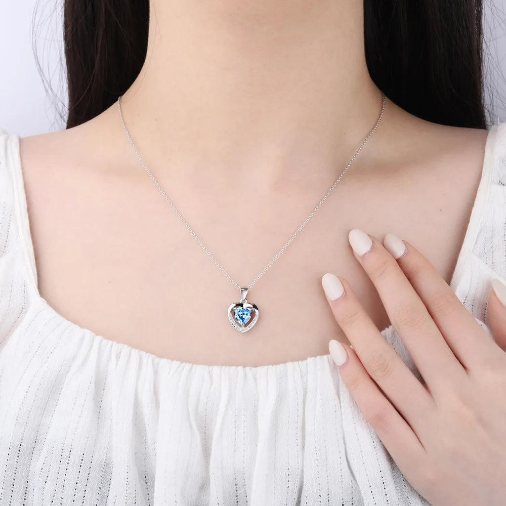 925 Sterling Silver Heart Blue Zircon Pendant Necklaces For Women Female Jewelry Fashion Accessories Wholesale Trend 2024