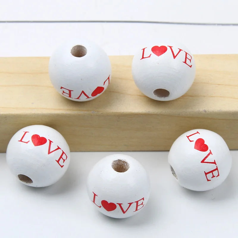 Round Balls Red Green Wooden Beads 15mm Cartoon Tree Letter Pattern Halloween Christmas Beads For Jewelry Making DIY Accessories