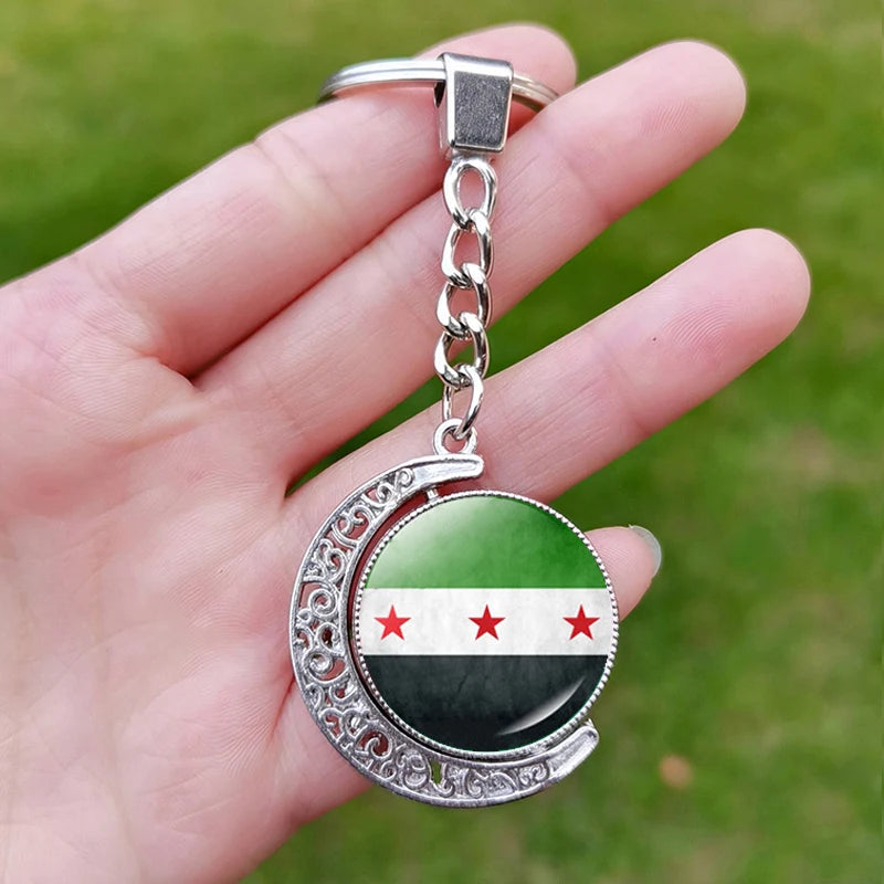 Syria National Flag Glass Cabochon Keychain Metal Keychain Fashion For Women Men Charm Handmade Car Pendant Keyring Jewelry Gift