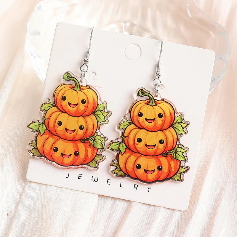 1Pair Fashion Halloween Creative Acrylic Stacked Pumpkin Cats Dangle Earrings For Women Birthday Festival Gift Lovely Jewelry