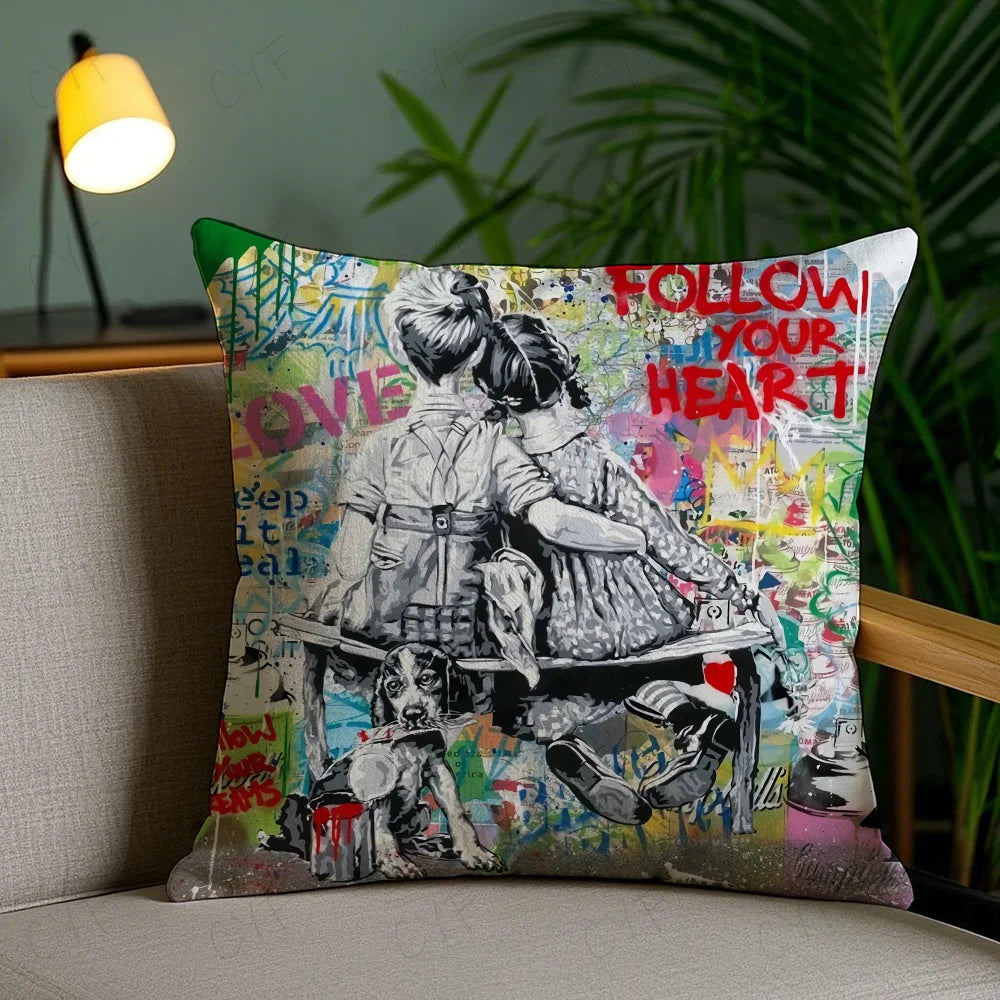 Banksy Street Graffiti Art Pillow Case Anti-dustmite Pillowcase Invisible zipper silky short plush Sofa cushion cover