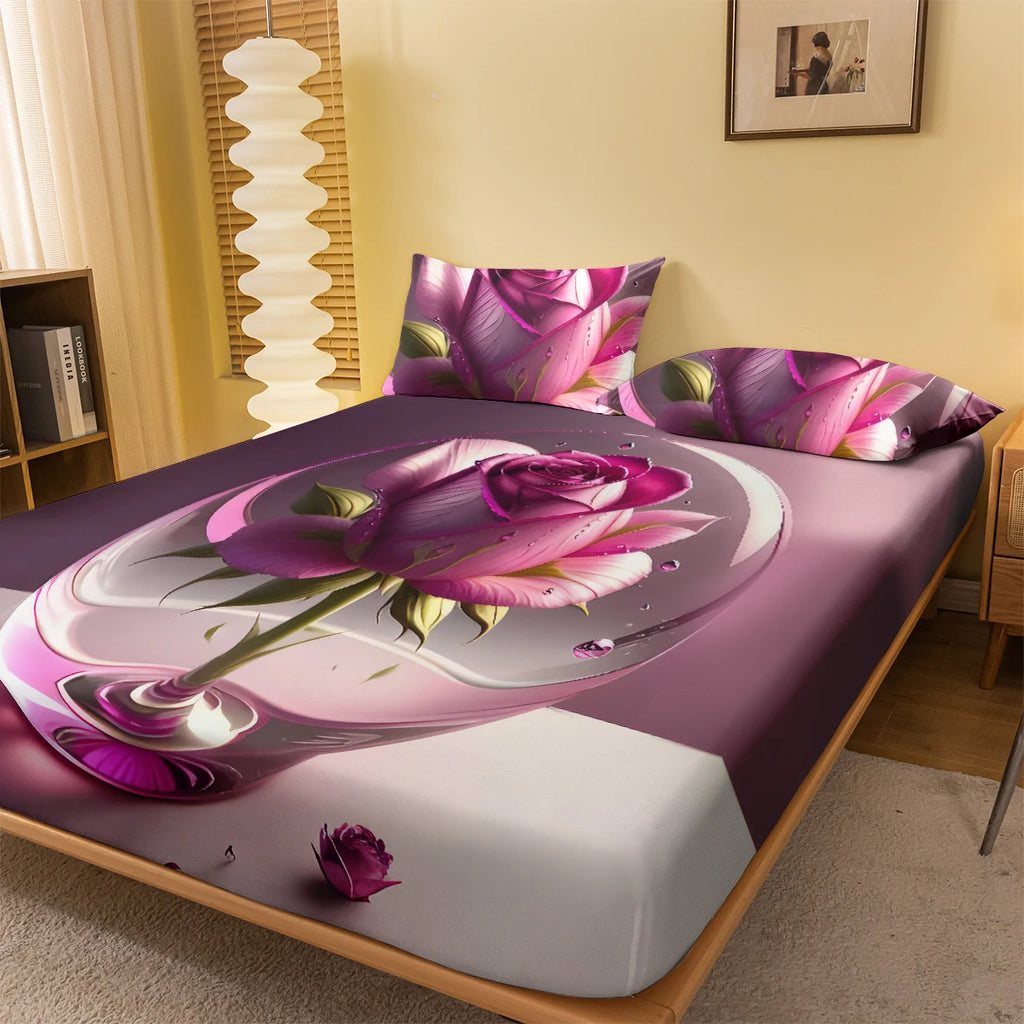 1 Simple modern Plant Flower Pink Rose digital printed frosted Fitted Sheet,bedroom printed bed cover,bedding(No pillowcase)