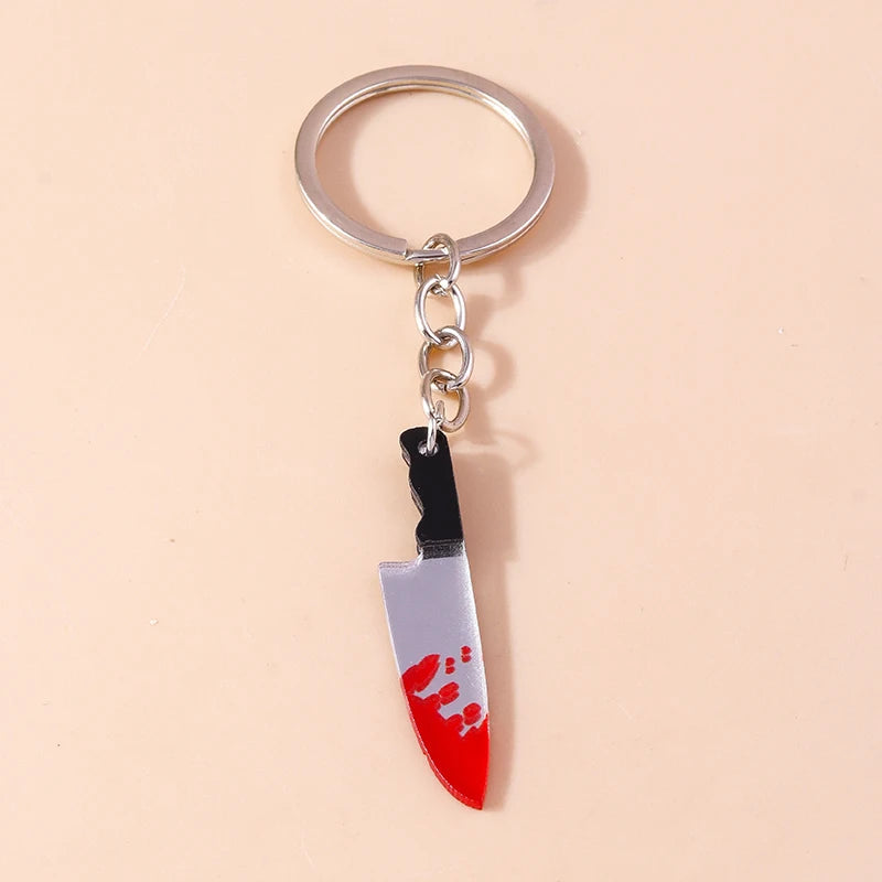 Aihua Resin Halloween Imitation Bloody Knife Keychain Dagger Scissors Axe Saw Keyring for Halloween Night Party Jewelry Gifts