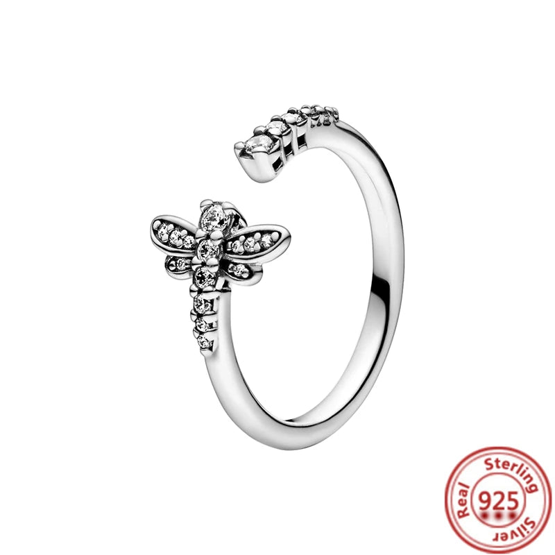 New Hot 100% Dragonfly Daisy Leaf Rose Pink Fashion Zircon Fit Opening Ring Feminine Charm Jewelry Gift ﻿