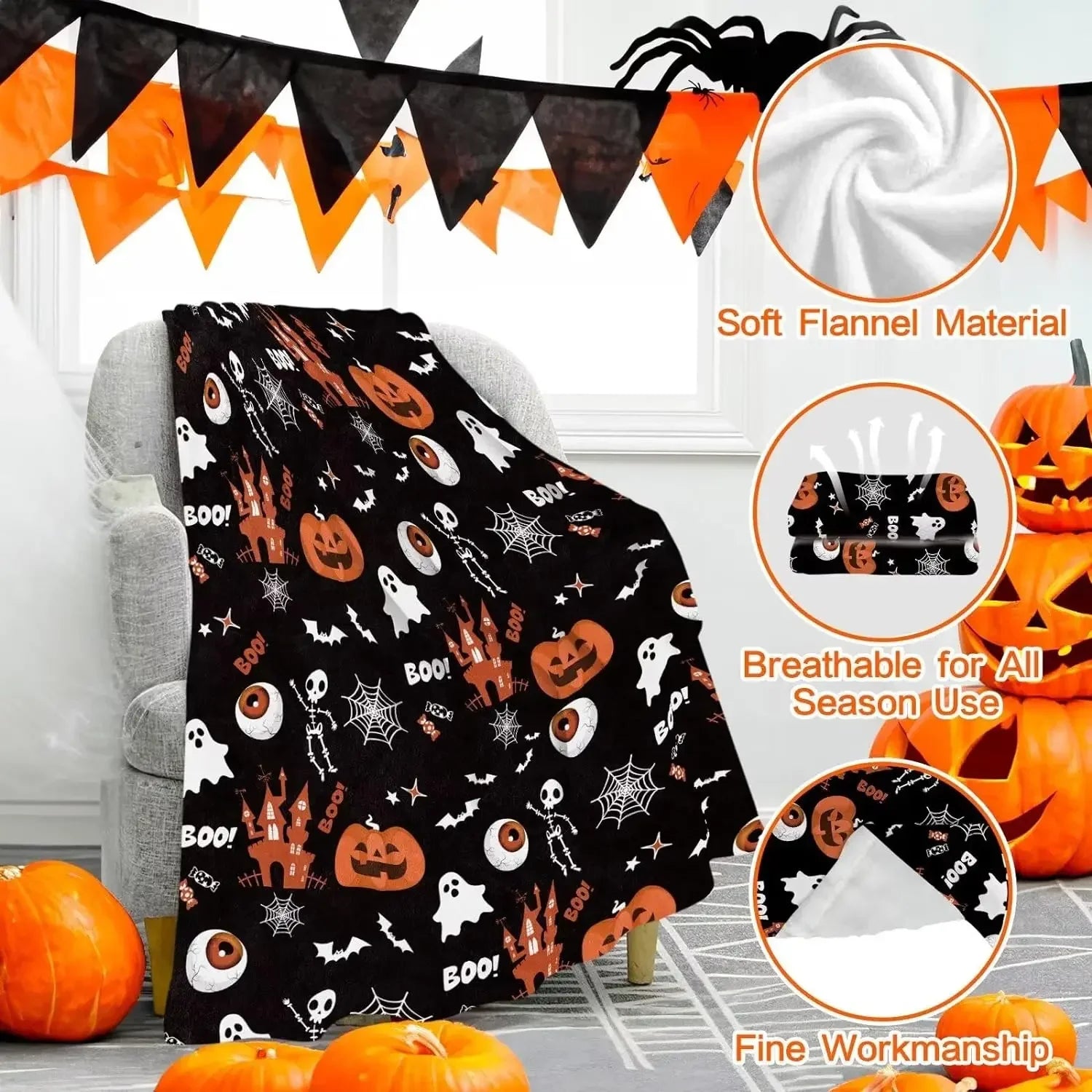 Halloween Blanket Printed Blanket Pumpkin Castle Eyeball Ghosts Bats for Kids Flannel Black Orange Sofa Blanket