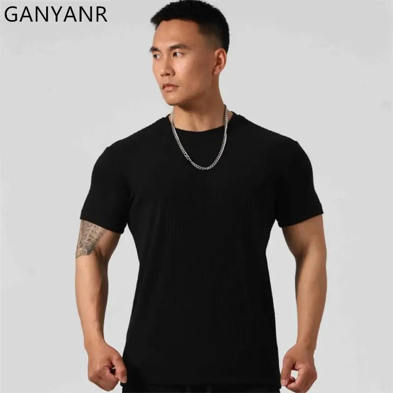 GANYANR Gym Clothing Men Running T-shirt Summer Golf Wear Active Fitness Short Sleeve Sports Bodybuilding Training Yoga Cool Tee