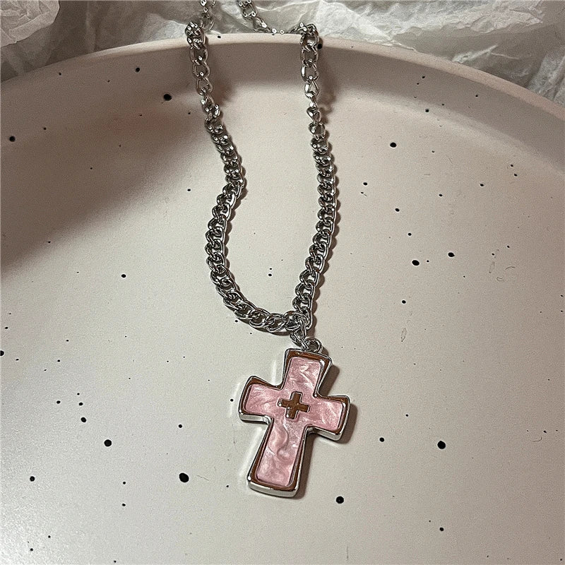 Gothic Punk Fashion Charm Cute Pink Large Cross Pendants Choker Chains Necklace Women Y2K 2000s EMO Grunge Accessories Jewelry