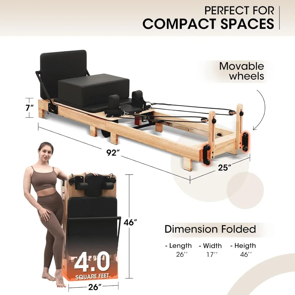 Pilates Reformer, Wooden Foldable Pilates Reformer Machine with Springs, Pilates Machines for Home Use and Studio Fast  delivery