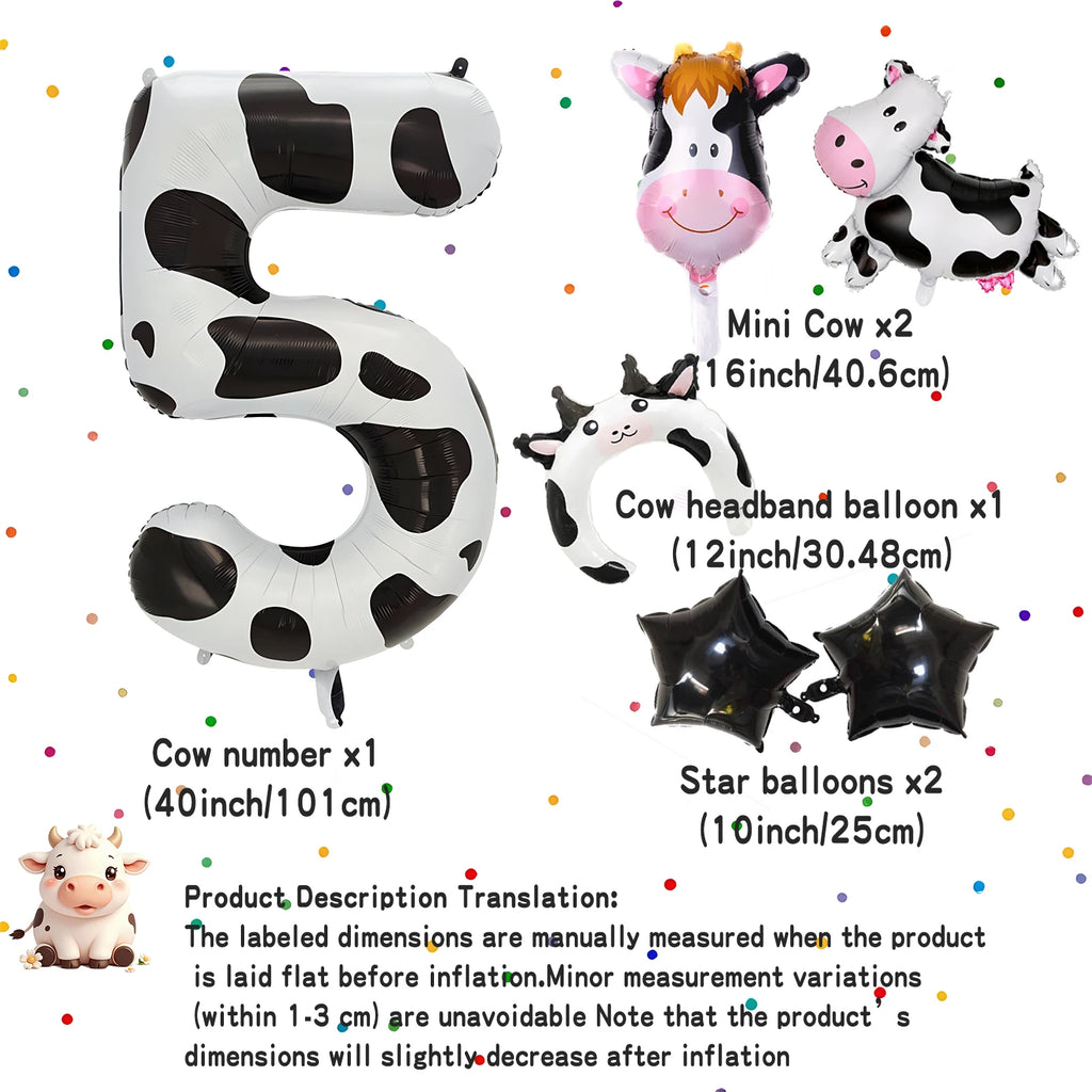 6pcs Cute Cow Print Foil Balloons Number 1-9 Cow Birthday Decorations for Cowgirl Barnyard Farm Animal Theme Party Supplies