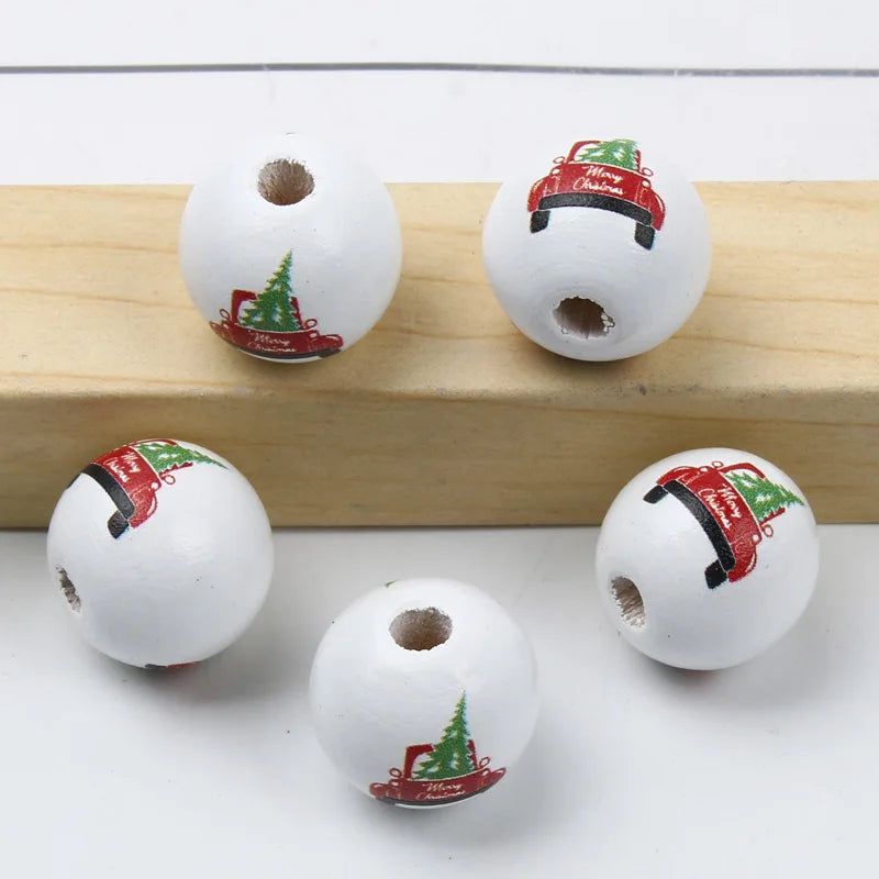 Round Balls Red Green Wooden Beads 15mm Cartoon Tree Letter Pattern Halloween Christmas Beads For Jewelry Making DIY Accessories