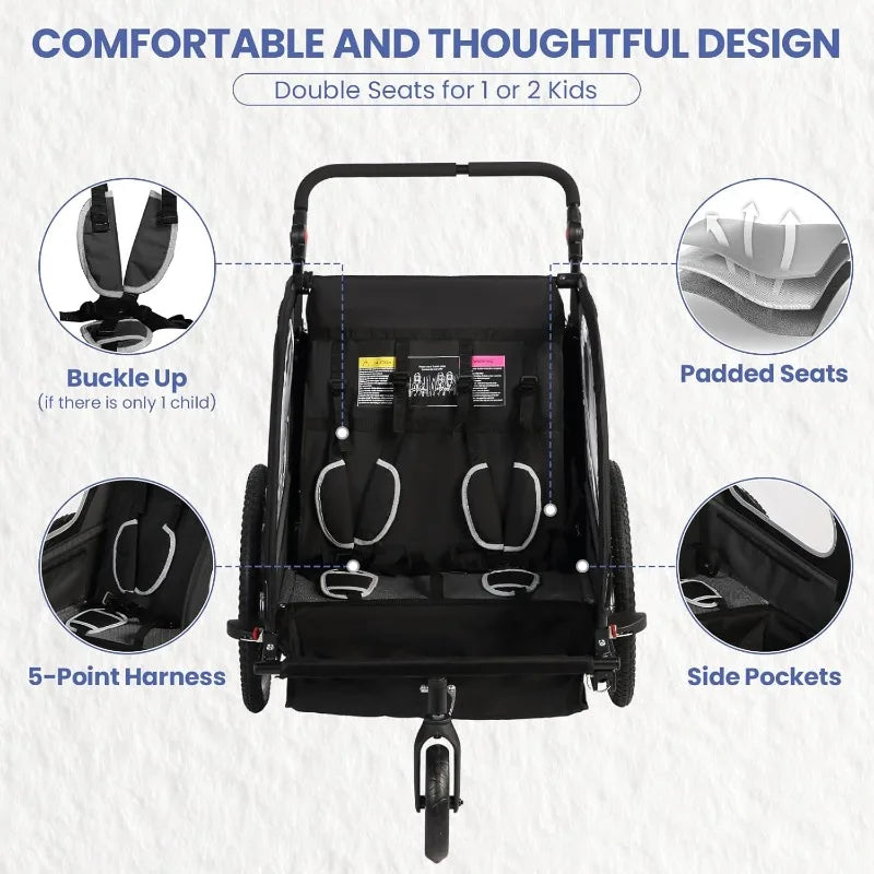 Kids Bike Trailer, 2 in1 Canopy Carrier Converts to Pushcart Suitable for 1 to 2 Toddlers, Kids, Quick Attach to Bike