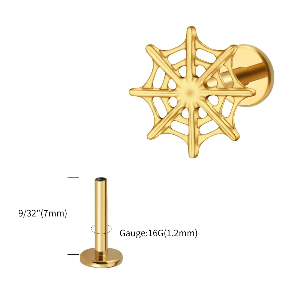 Right Grand ASTM F136 Titanium 16G Spider Web Stud Earring Cartilage Tragus Helix Conch Ear Lobe Flat Piercing Halloween Jewelry