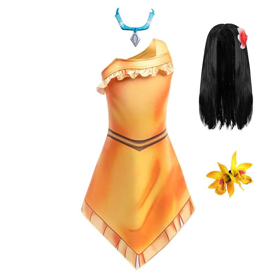 Girls Cosplay Princess Dress With Necklace Beach Indian Costume Kids Birthday Halloween Role Playing Matoaka Suspender Vestidos
