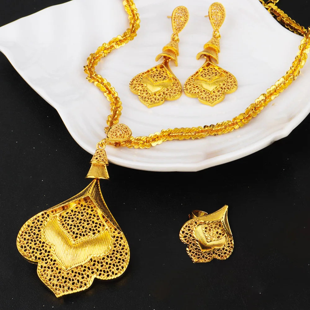 Nigerian Jewelery Set For Women Dubai 24K Gold Color Jewlery African Designer Wedding Bridal Necklace Earring Ring Gift