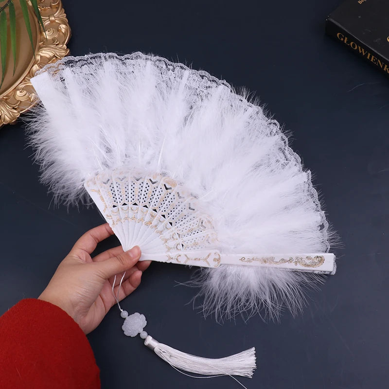 Gothic Court Dance Hand Fan Lolita Feather Folding Fan Japanese Sweet Fairy Girl Dark Art Craft Gift Wedding Party Decoration
