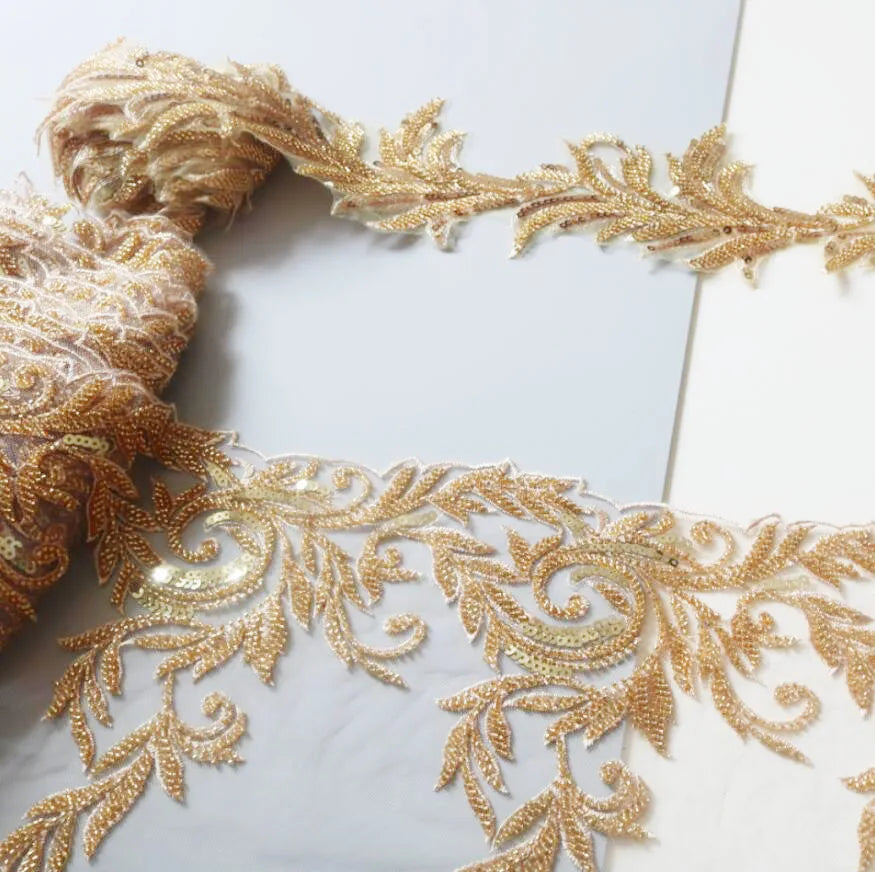 2Yards Beaded Embroidery Gold Lace Wedding Dress Veil Children's Clothing Headwear Trims 13cm~25cm