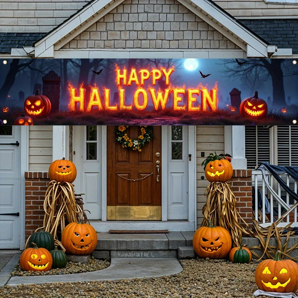 One Halloween-themed banner, featuring a creepy cemetery, bat and pumpkin lantern design
