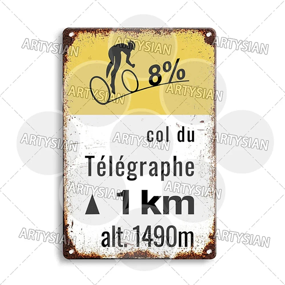Tour de France Metal Sign Cycling Plaque Paves Du Paris Roubaix Col du Galibier Col de Sarenne Alpe d'Huez Mont Ventoux Glandon