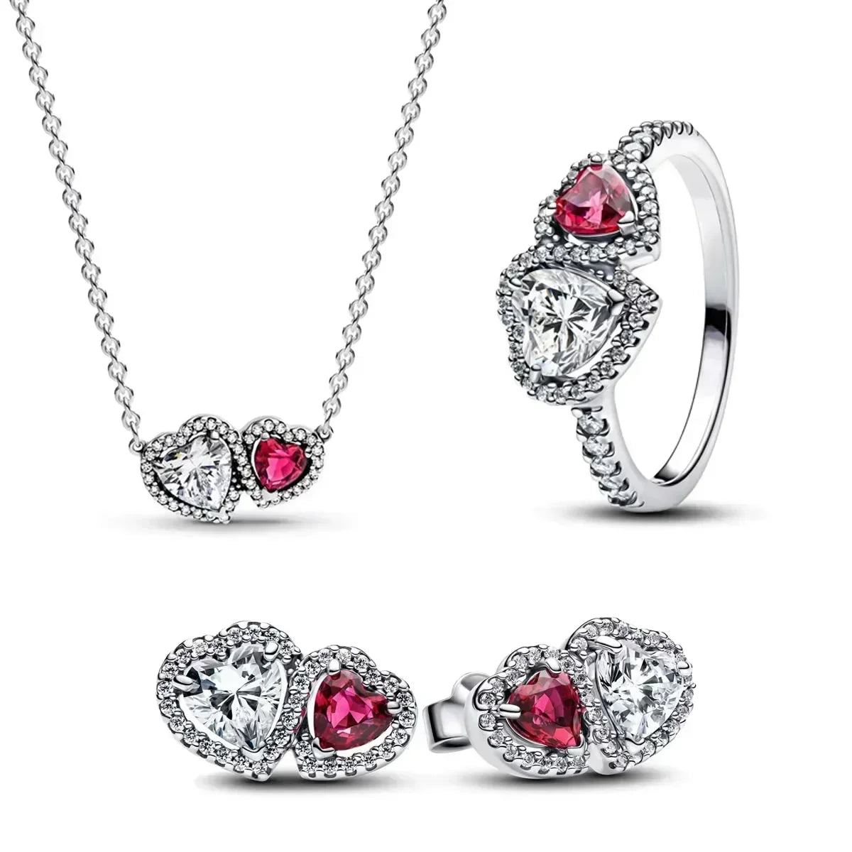 Pink Bow Set Original 925 Sterling Silver Colorful Zircon Ring Earrings Bracelet Necklace Original DIY Women's Jewelry Gift