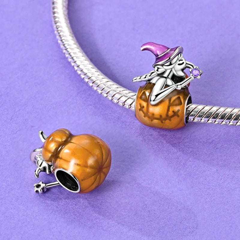 Halloween Charm Bead Pendant 925 Sterling Silver Pumpkin Witch Doll Skeleton Mummy Candy Charm Fit Original Bracelet DIY Jewelry