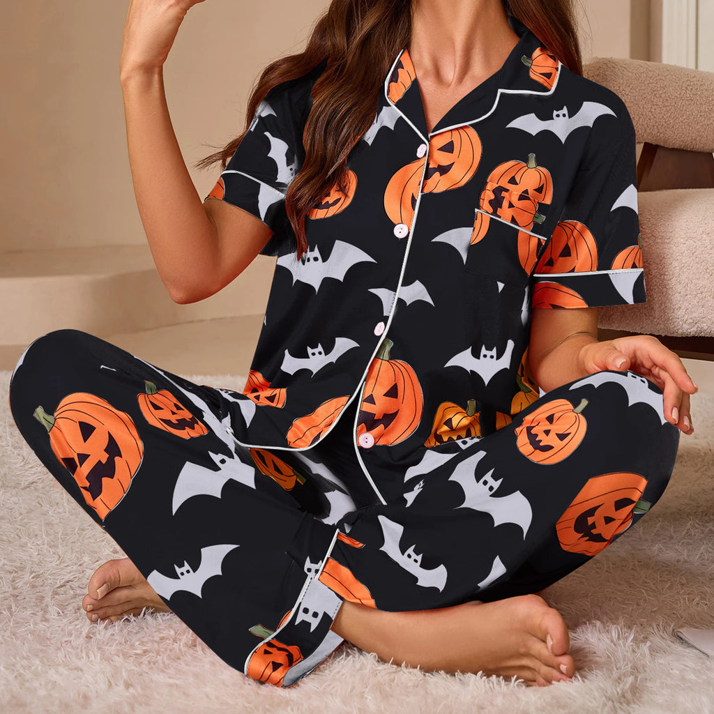 Women Halloween Pajama Set, Pumpkin Bat Print Short Sleeve Button Closure Shirt with Pants Sleepwear Loungewear