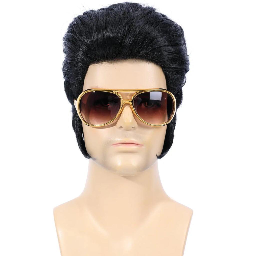 Synthetic 50s 60s Rock Legend Wig for Men Elvis Wig 1950s Singer Rocker Costume Wig with Accessories for Cosplay Halloween Party