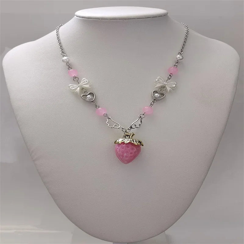Nana anime Strawberry necklace, Hachi Y2k Gift for Her or girlfriend, pink and white, cute harjuku fashion