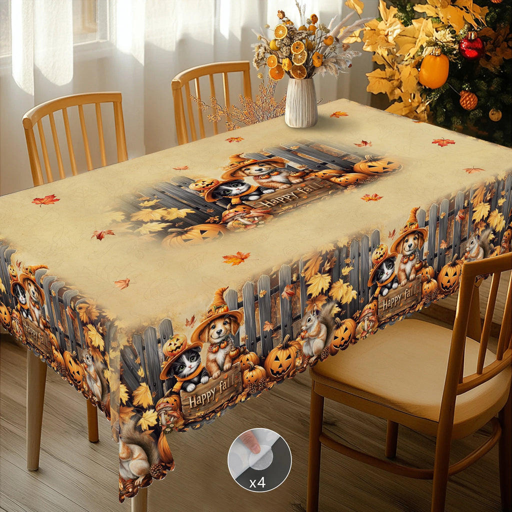 1 Piece of Autum Thanksgiving Themed Printed Tablecloth, Retro Country Farmhouse Style, Puppy, Kitten, Pumpkin Pattern Design, for Holiday Parties, Camping Picnic, Garden Birthday Party Decoration, Kitchen Accessories, Dining