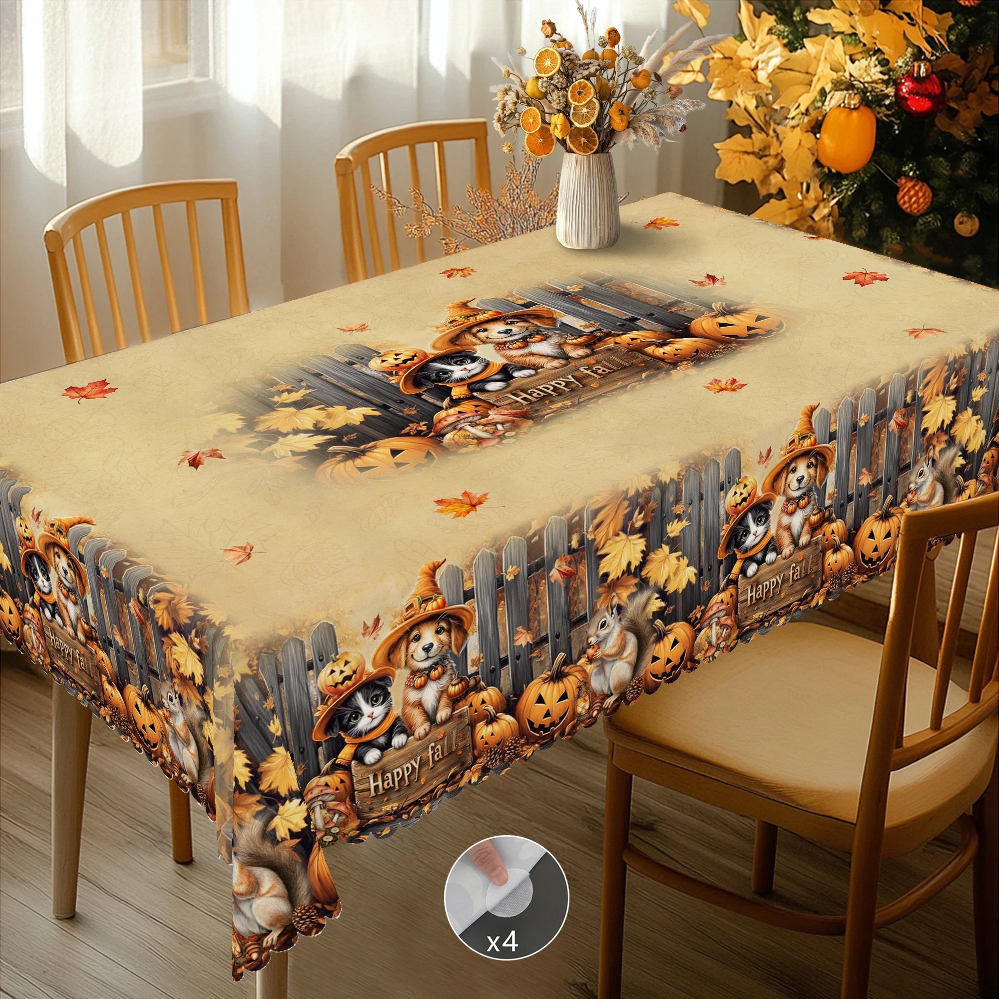 1 Piece of Autum Thanksgiving Themed Printed Tablecloth, Retro Country Farmhouse Style, Puppy, Kitten, Pumpkin Pattern Design, for Holiday Parties, Camping Picnic, Garden Birthday Party Decoration, Kitchen Accessories, Dining