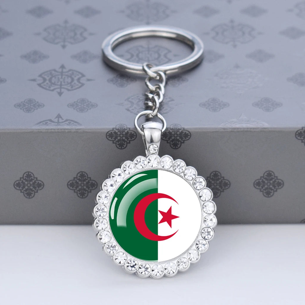 Arab National Flag Keychains Algeria Yemen Tunisia Saudi Arabia Egypt Glass Dome Rhinestone Key Chain Flag Jewelry Keyring Gift