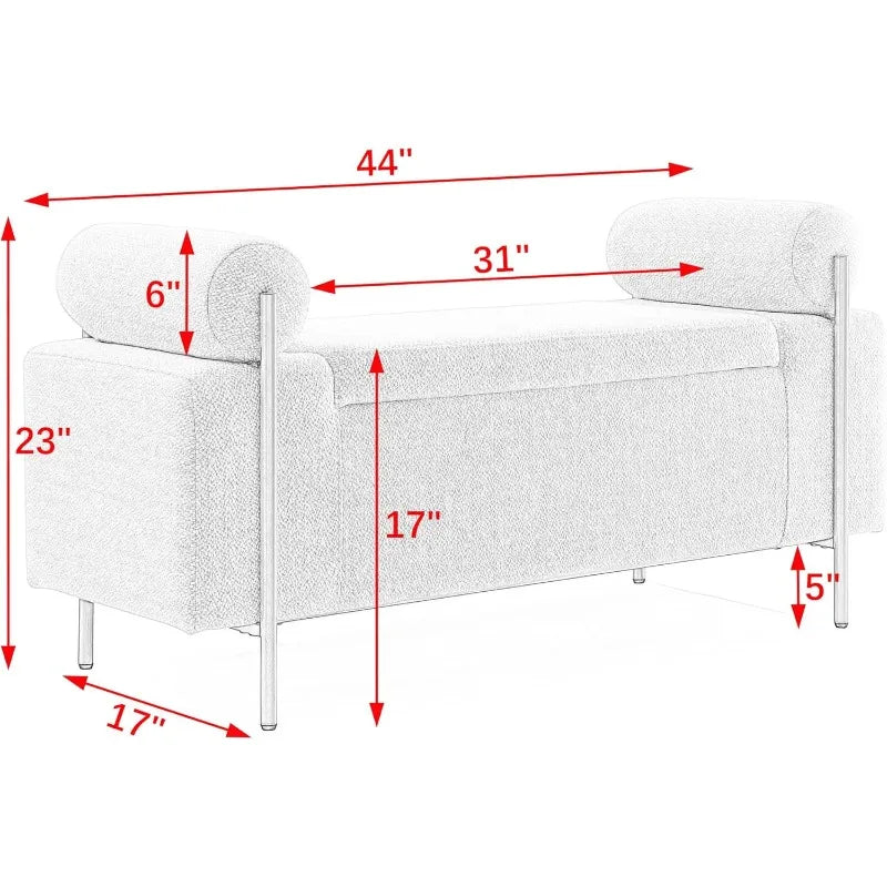 Linen Upholstered Bed End Storage Bench,Cylinder Armed Storage Benches for Bedroom End of Bed,44' Long Storage Ottoman