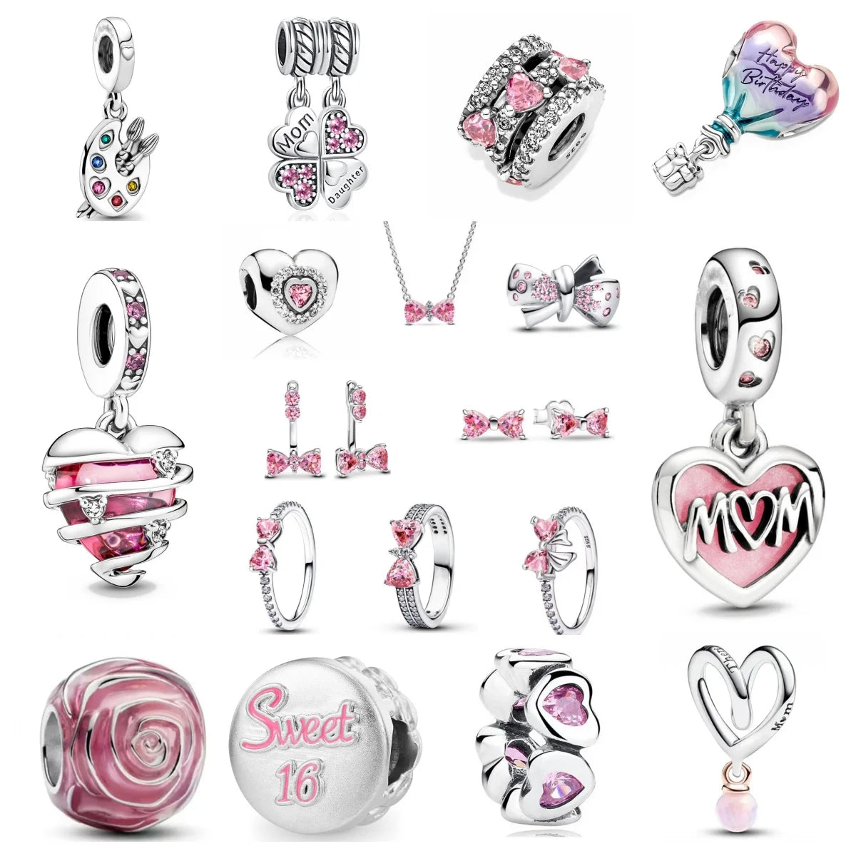 New 925 silver pink bow heart-shaped pendant ring necklace earrings crystal women's Valentine's Day birthday gift DIY jewelry