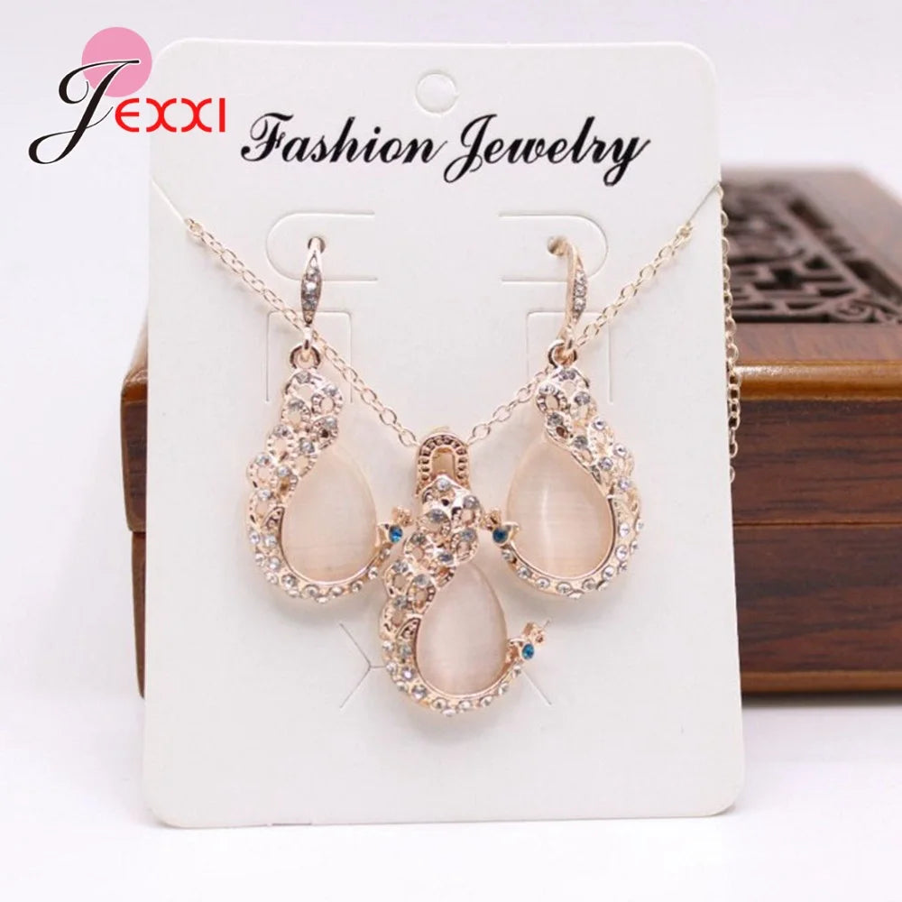 New Retro Peacock Design Jewlery Sets 925 Sterling Silver Fashion & Luxury Peacocks Necklace Earrings For Women Wedding