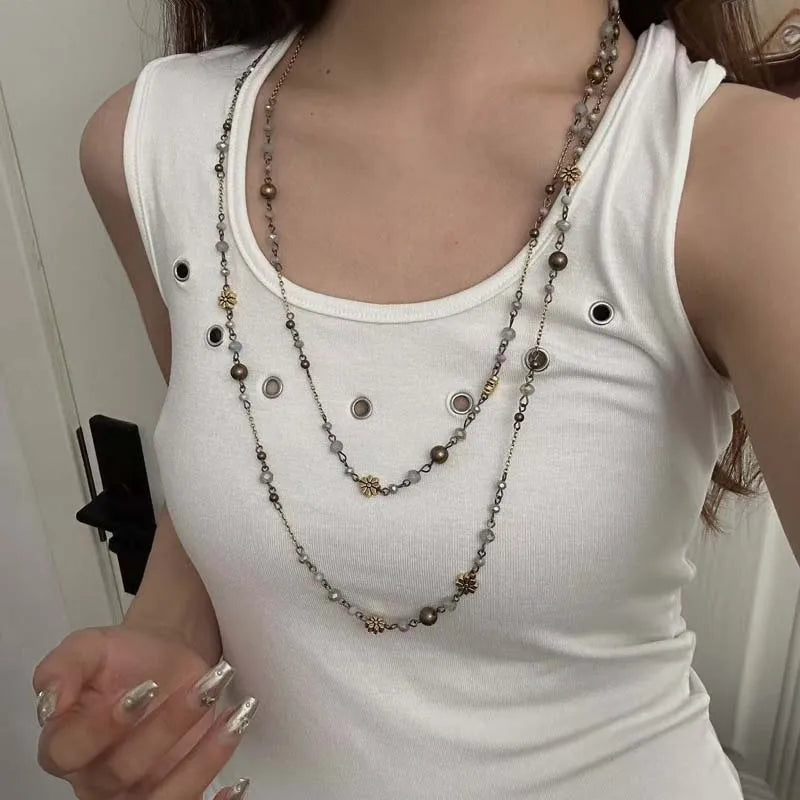 Vintage Double Layered Flower Beaded Chains Necklaces for Women Bohemian Ethnic Style Glass Beaded Sweater Chain Jewelry