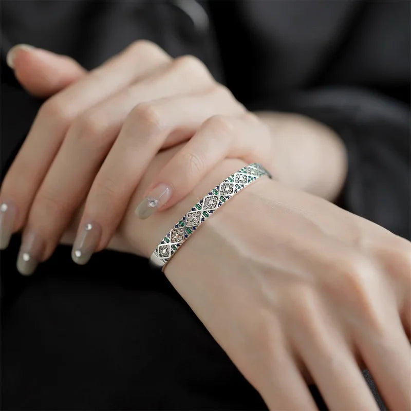 925 Sterling Silver Bracelet Bangle Green Blue Square Geometric Punk For Woman Girl Fashion Jewelry Gift Dropship Wholesale