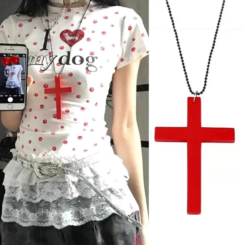 Fashion Punk Gothic Wood Cross Pendant Necklace for Women Men Halloween Vintage Black Hip Hop Y2K Accessories Party Jewelry Gift
