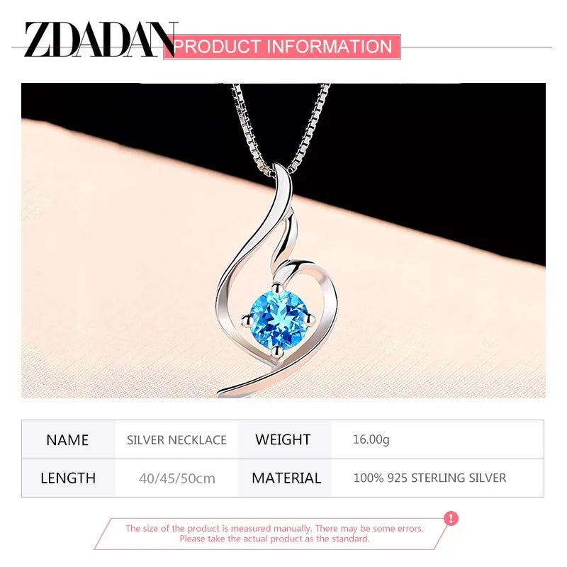 ZDADAN 925 Sterling Silver Blue Zircon Necklace Chain For Women Fashion Wedding Jewelry