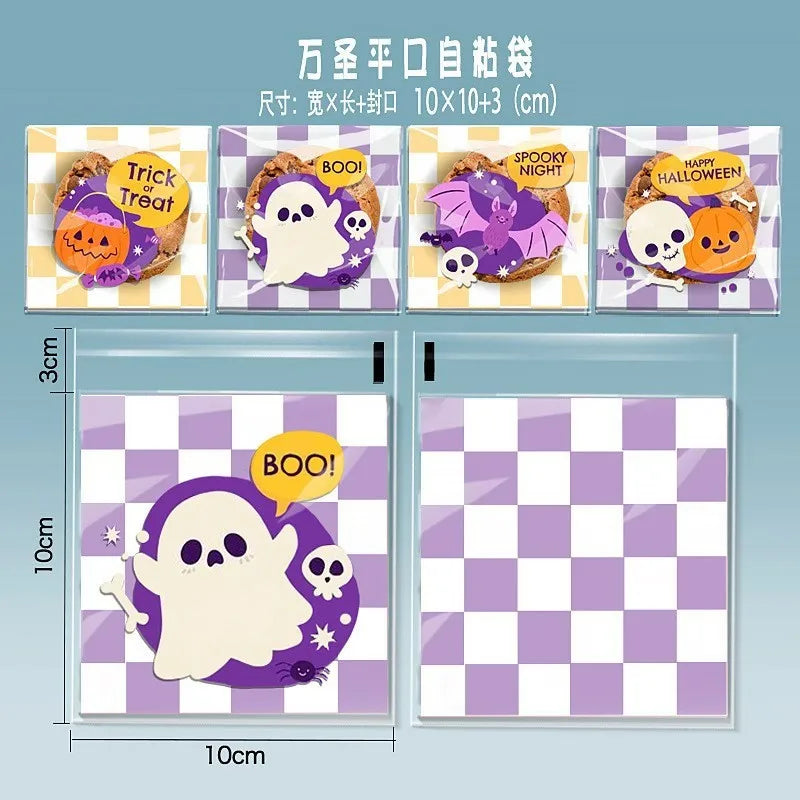 100pcs Happy Halloween Cookie Candy bread packaging bags self-adhesive plastic bags for biscuits snack baking package 10X10