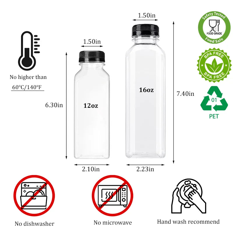 12/16oz Plastic Juice Bottles with Caps 6-50PCS Reusable Juicing Containers With Lids for Smoothie,Dringking or Other Beverages