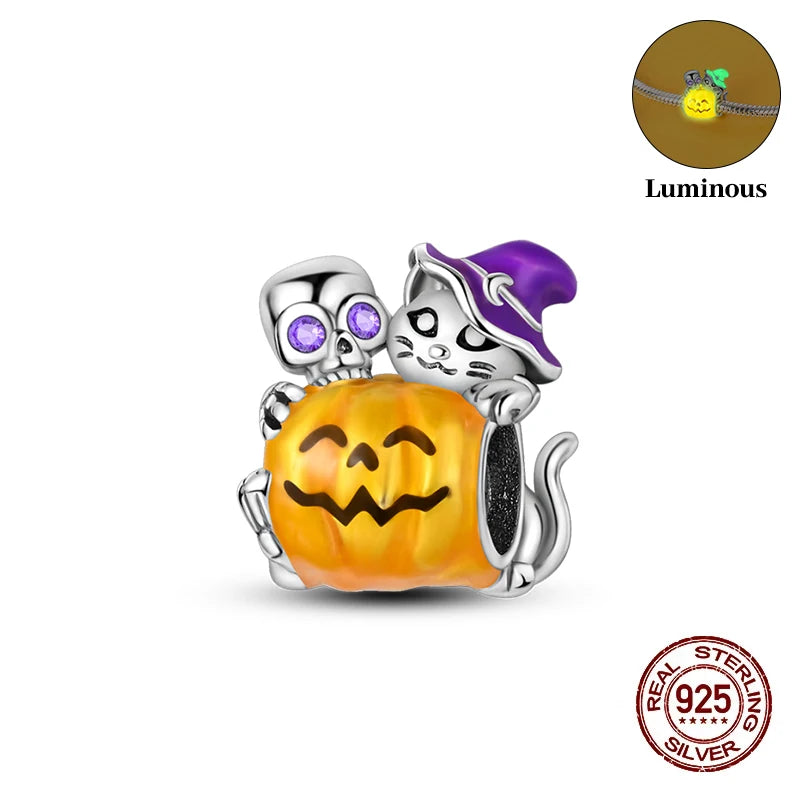 2025 Hot Sale Halloween Charms Bead 925 Sterling Silver Luminous Pumpkin Ghost Dangle Fit Bangle Bracelet Necklace DIY Jewelry