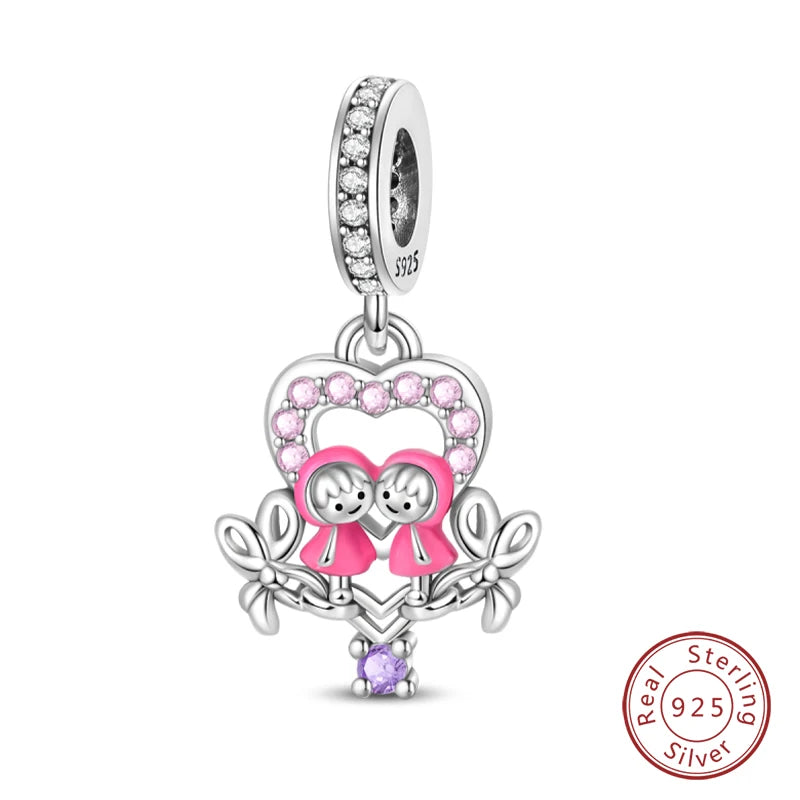 Real 925 Sterling Silver Pink Series Heart Charms Beads Fit Qikaola 925 Original Bracelets DIY Mother's Day Jewelry Gift For Mom