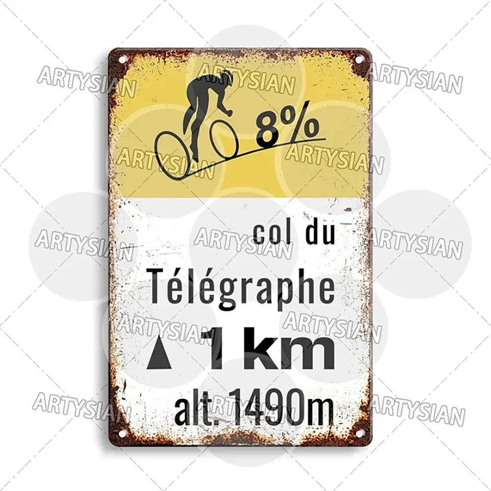 Tour de France Metal Sign Cycling Plaque Paves Du Paris Roubaix Col du Galibier Col de Sarenne Alpe d'Huez Mont Ventoux Glandon