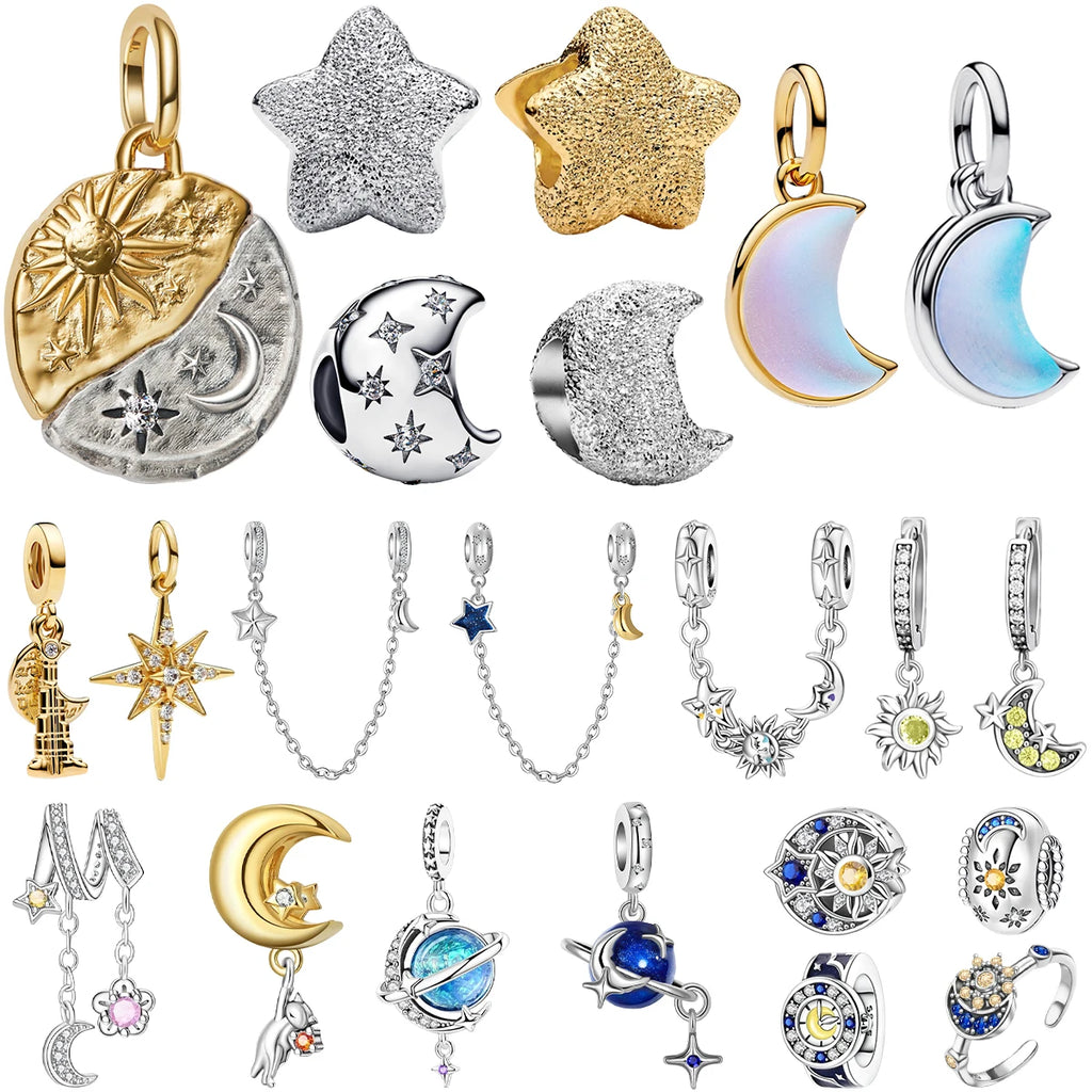 Hot Sale Original 925 Sterling Silver Star & Moon Charms Earrings Ring Beads Pendant Fit Bracelet Necklace DIY Fine Jewelry Gift