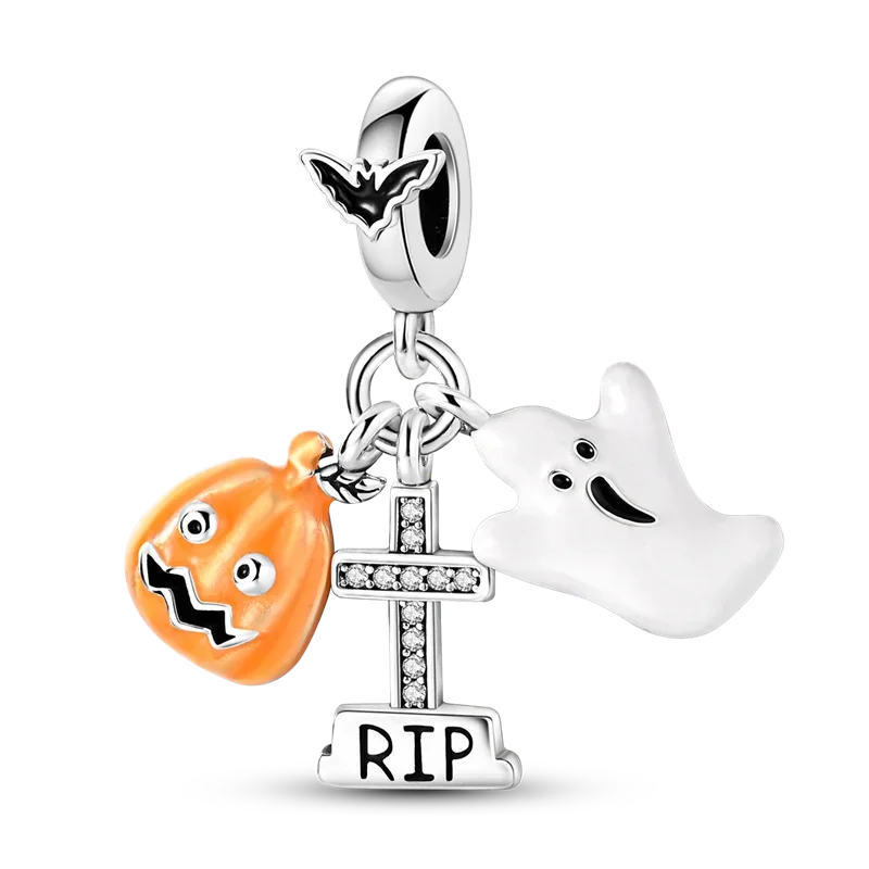 Halloween Dangle 925 Sterling Silver Skeleton Witch Devil's Eye Skull Charms Bead Fit Original Bangle Bracelet Necklace Jewelry