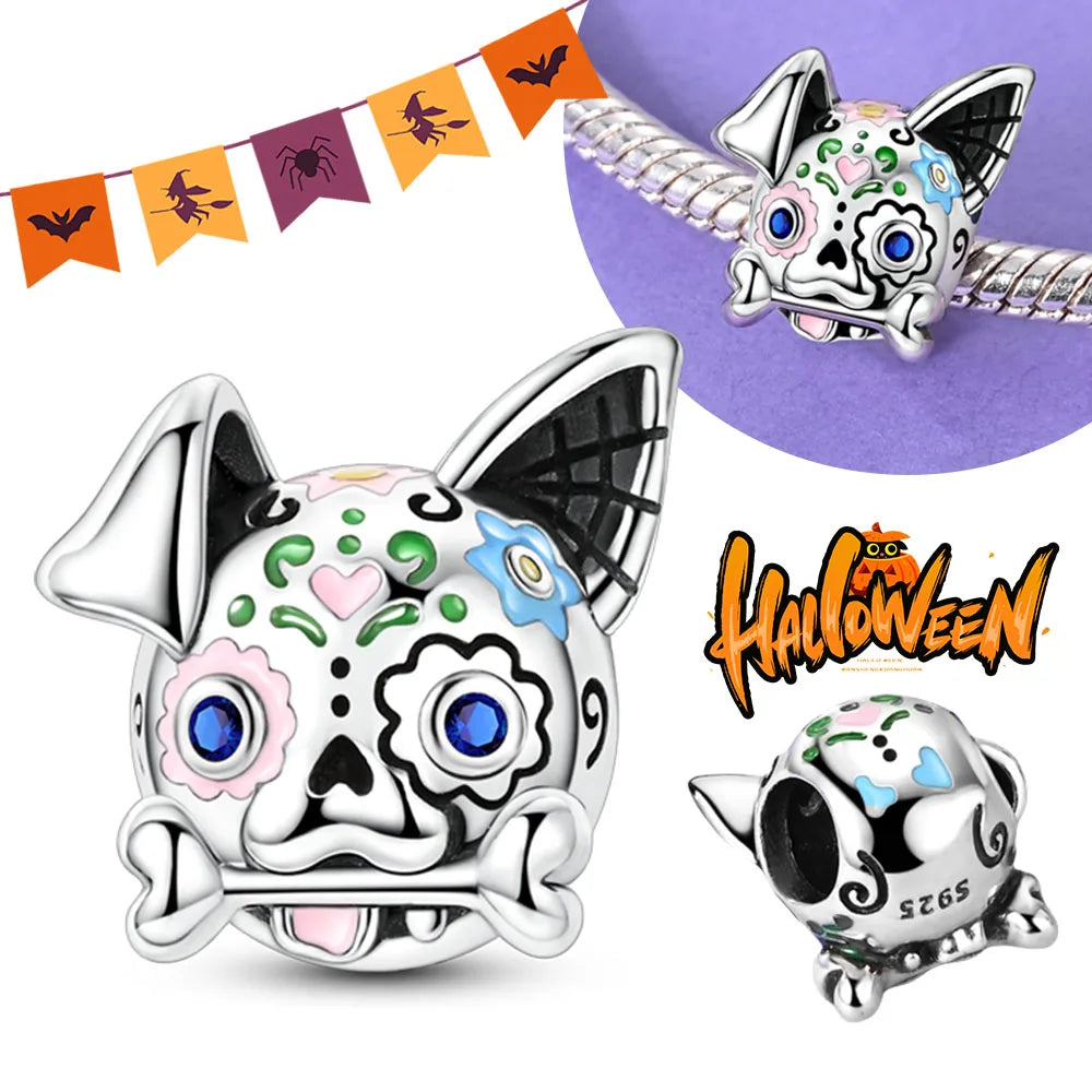 Halloween Dangle 925 Sterling Silver Skeleton Witch Devil's Eye Skull Charms Bead Fit Original Bangle Bracelet Necklace Jewelry