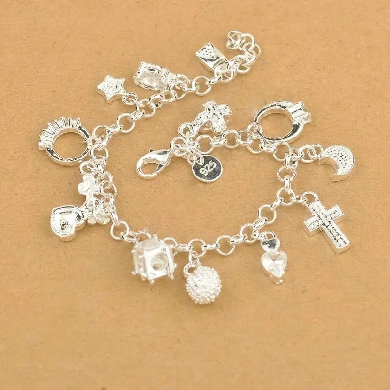 Top Quality 925 Sterling Silver Color Bracelet Nice Cross Moon Heart Clock Ball Cube Star Charms Jewelry for Women Girls