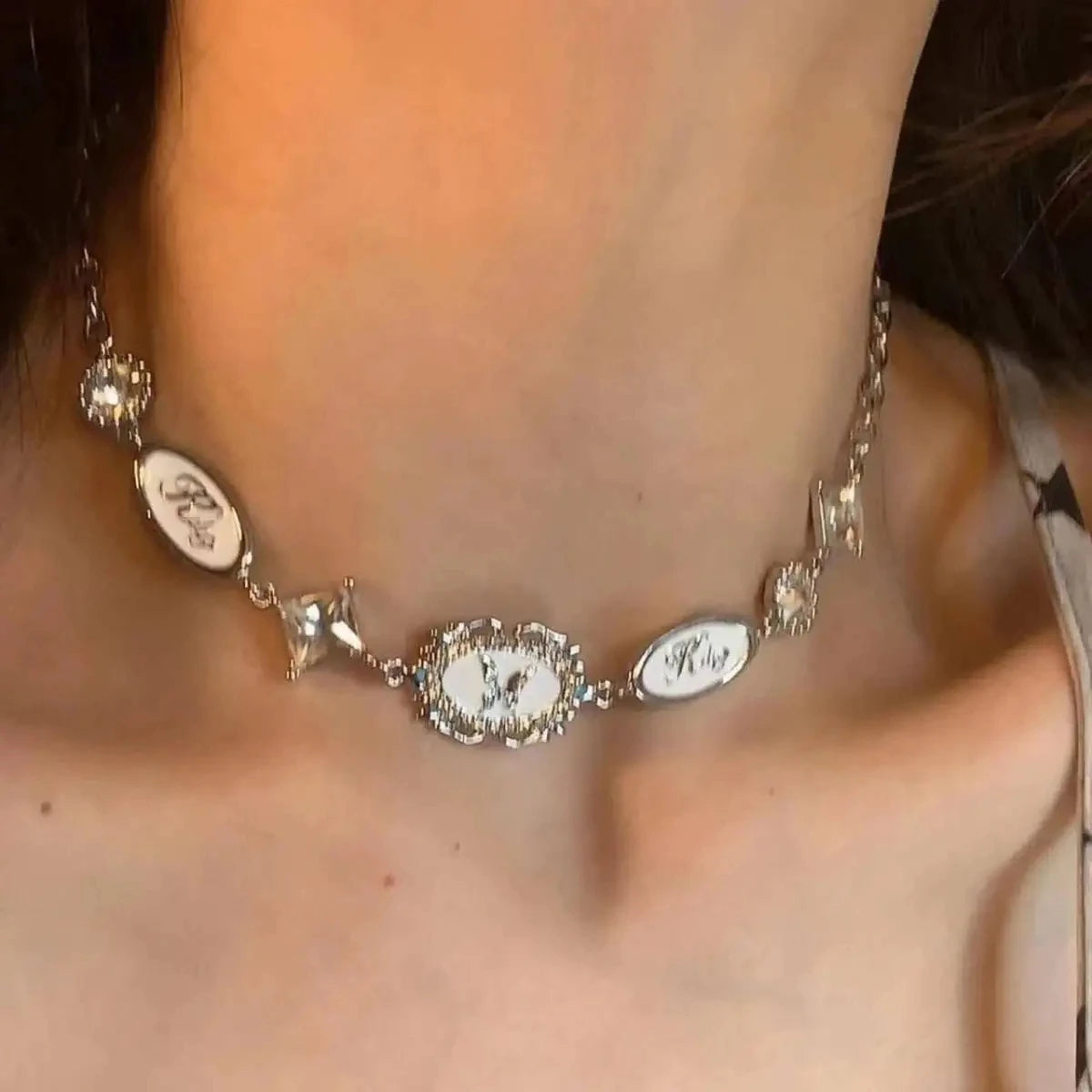 New Trend Vintage Punk Silver Color Butterfly Crystal Necklace Hip Hop Jewelry For Women Men Unisex Fashion Charm Statement Gift