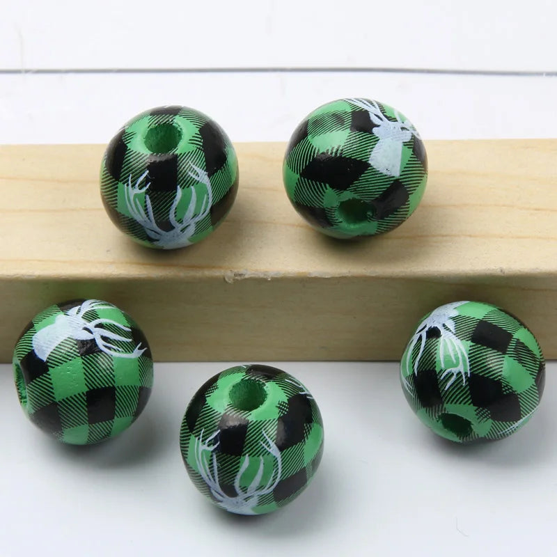 Round Balls Red Green Wooden Beads 15mm Cartoon Tree Letter Pattern Halloween Christmas Beads For Jewelry Making DIY Accessories