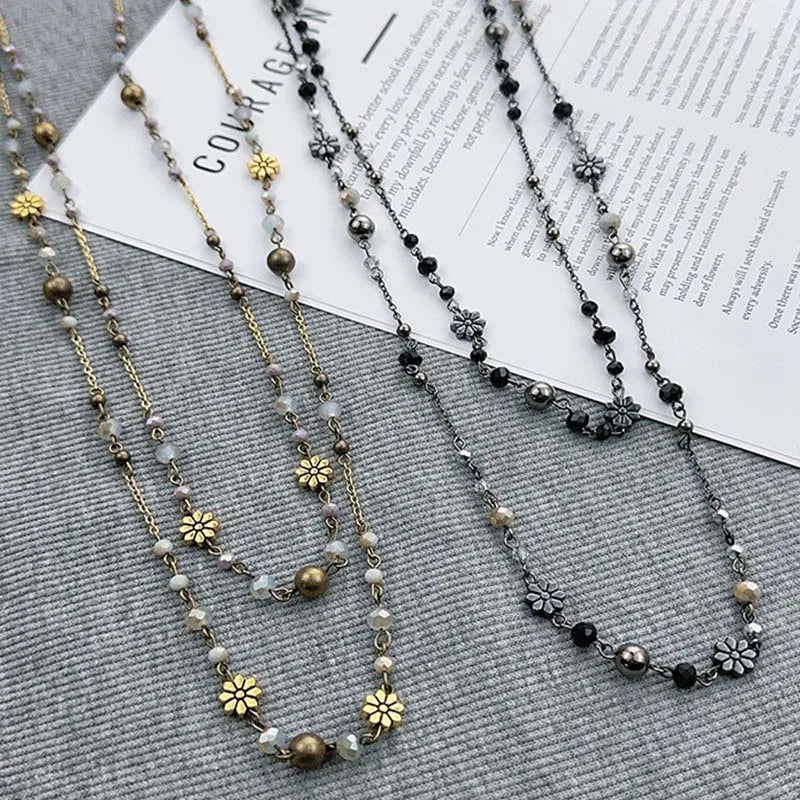 Vintage Double Layered Flower Beaded Chains Necklaces for Women Bohemian Ethnic Style Glass Beaded Sweater Chain Jewelry