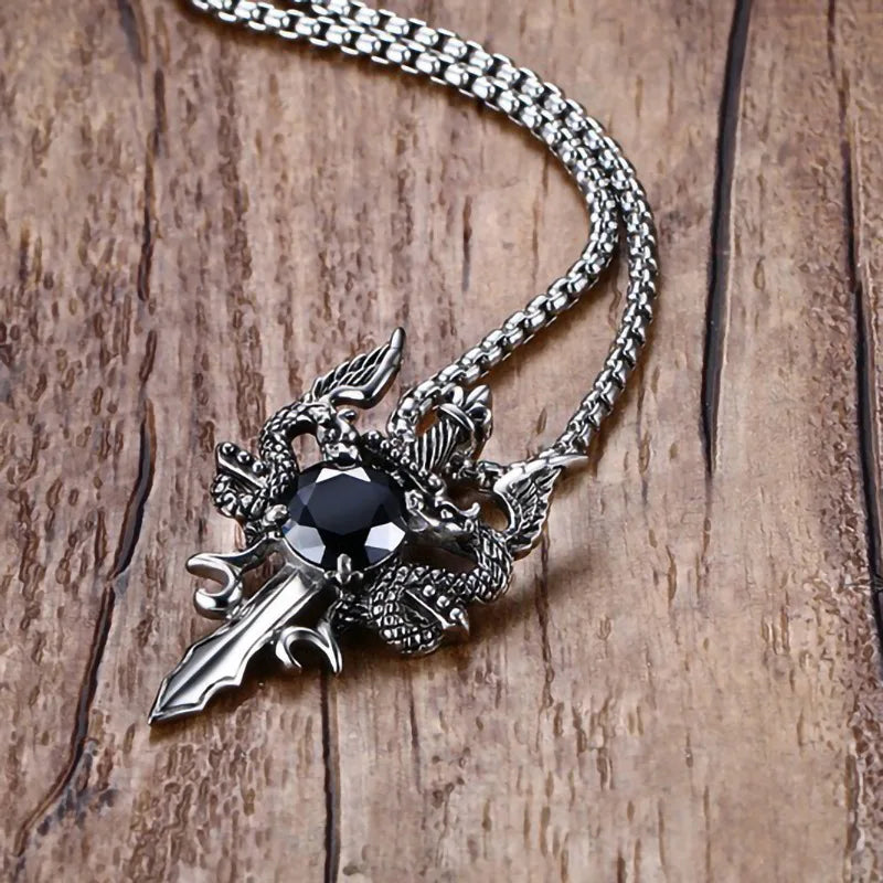 Double Dragon Red Stone Sword Cross Pendant Necklace For Men INS Vintage Stainless Steel Neck Chain Cool Hip Hop Jewelry Gifts